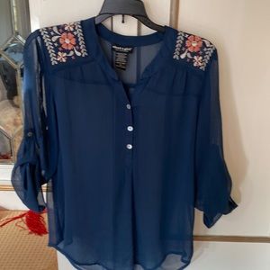 **2 for $20**About a girl see through shirt embroidered  on the shoulders.